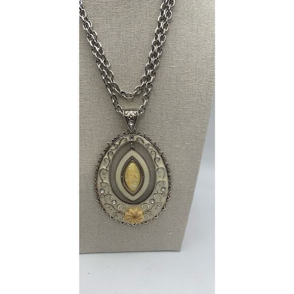 Beautiful White Enamel Silver Tone With Yellow Flower Large Statement Necklace - Picture 3 of 6